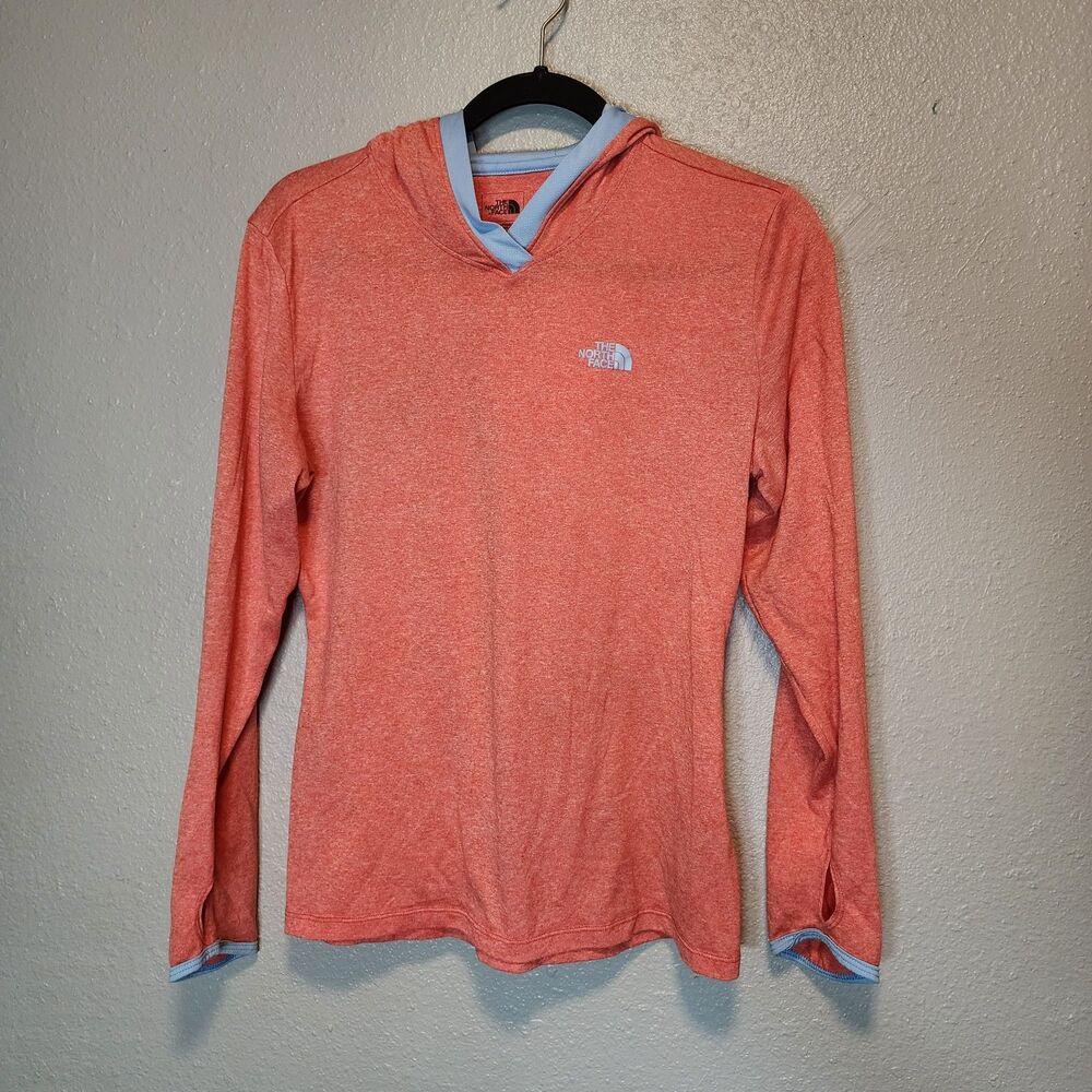 The North Face Coral Pink & Blue FlashDry Lightweight Hoodie Shirt Womens Size M